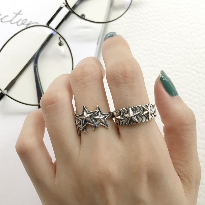 S925 sterling silver retro rock art style plain silver big five-pointed star open ring