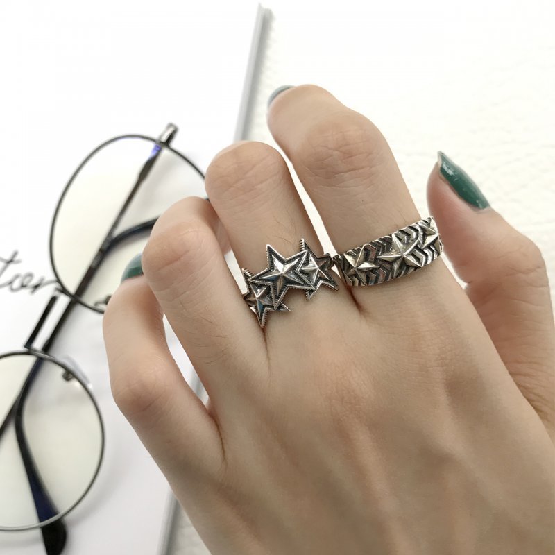 S925 sterling silver retro rock art style plain silver big five-pointed star open ring