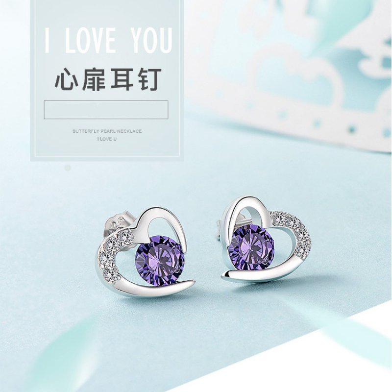Silver earrings female cute heart-shaped amethyst petite earrings birthday gift Silver earrings female cute heart-shaped amethyst petite earrings birthday gift