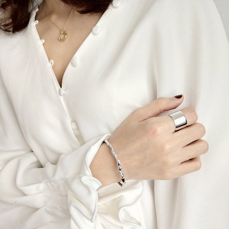 S925 sterling silver simple plain silver craft single line opening beating bangle bracelet
