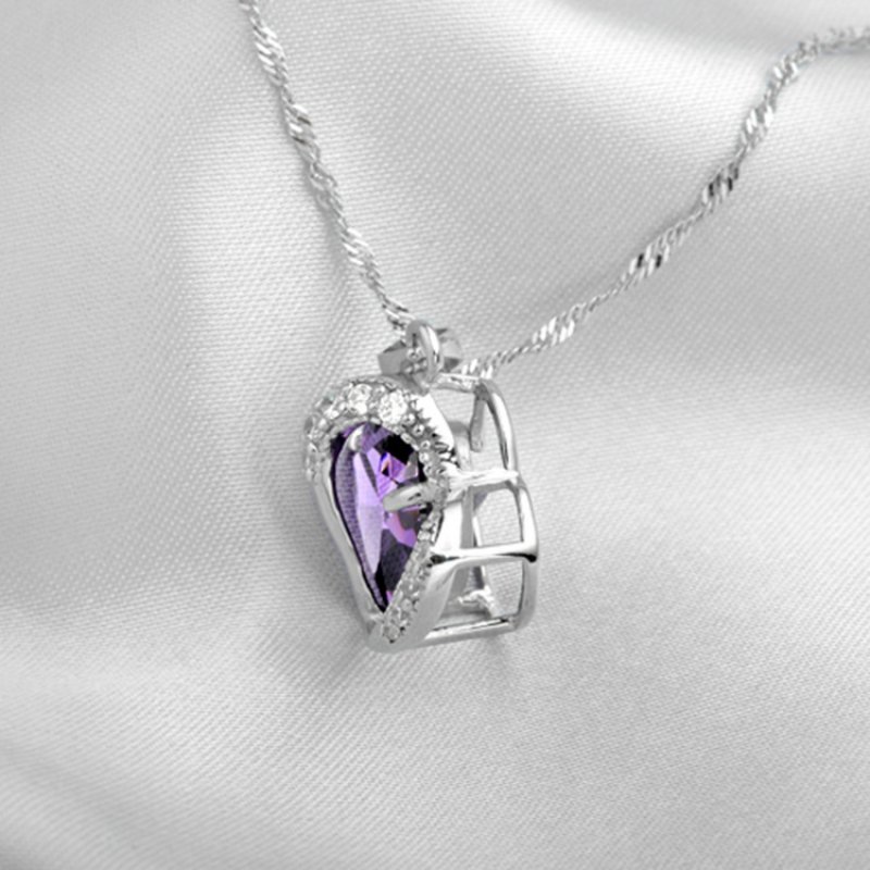 925 white gold beautiful heart-shaped female necklace, amethyst pendant jewelry