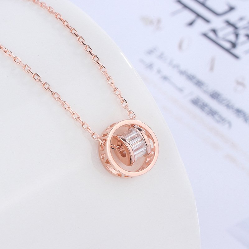 999 sterling silver diamond double ring circle necklace female double ring clavicle chain wild simple design Christmas ornament
