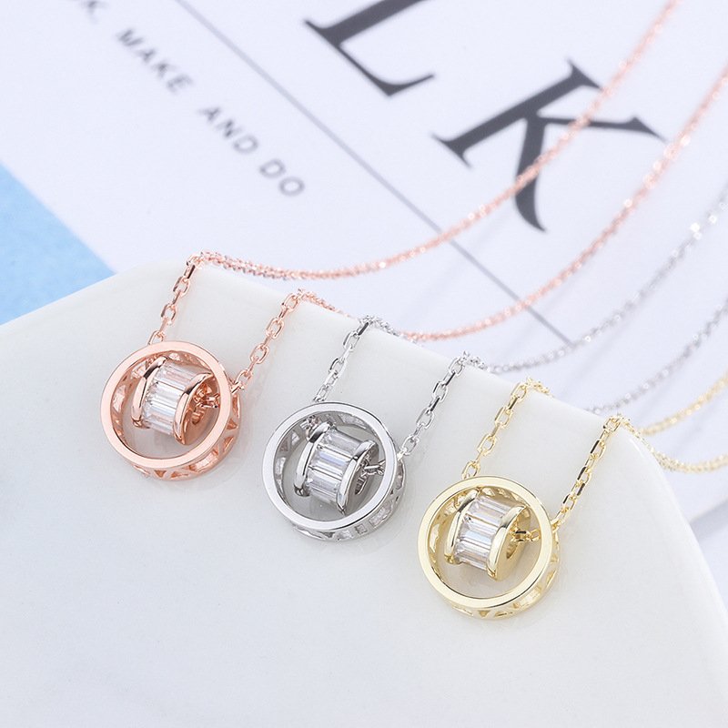 999 sterling silver diamond double ring circle necklace female double ring clavicle chain wild simple design Christmas ornament