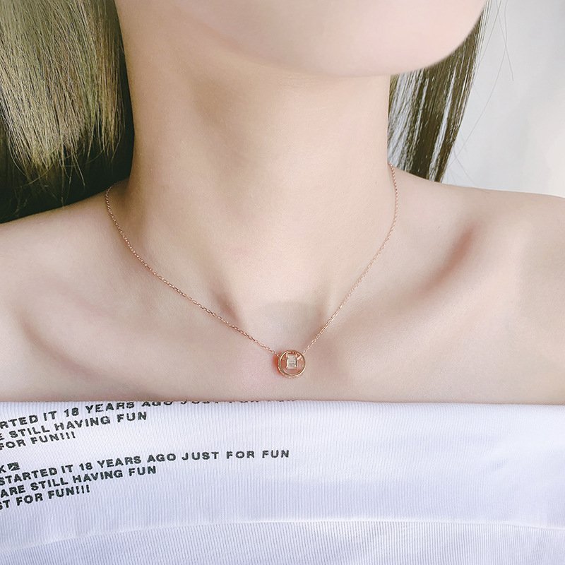 999 sterling silver diamond double ring circle necklace female double ring clavicle chain wild simple design Christmas ornament