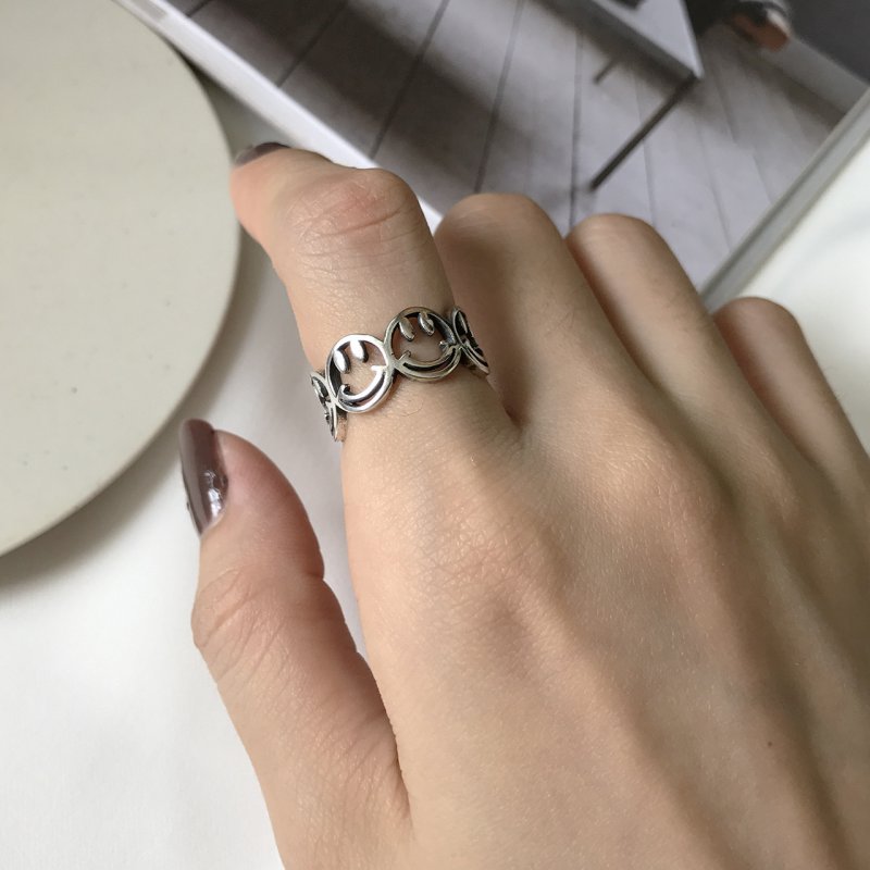 S925 Sterling Silver Hollow Mesh Opening Antique Retro Smiley Ring End Ring