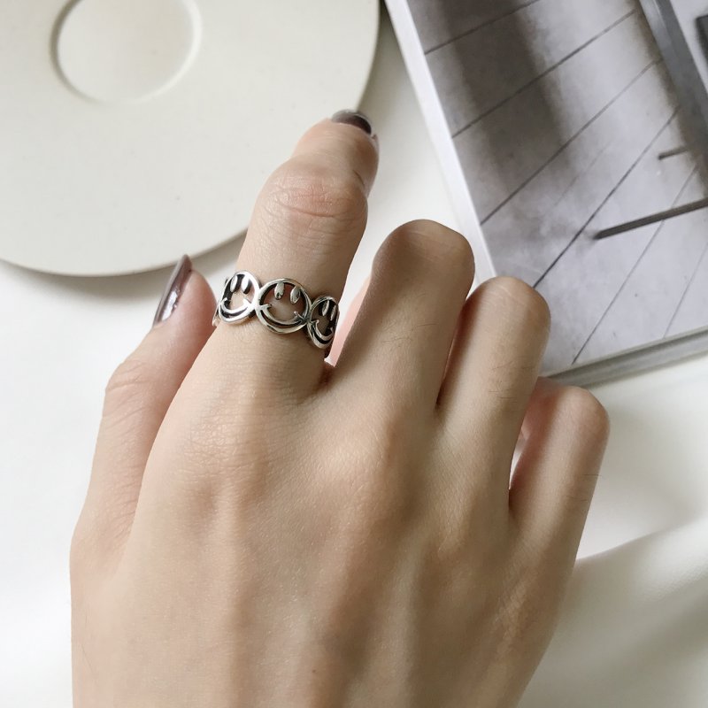 S925 Sterling Silver Hollow Mesh Opening Antique Retro Smiley Ring End Ring