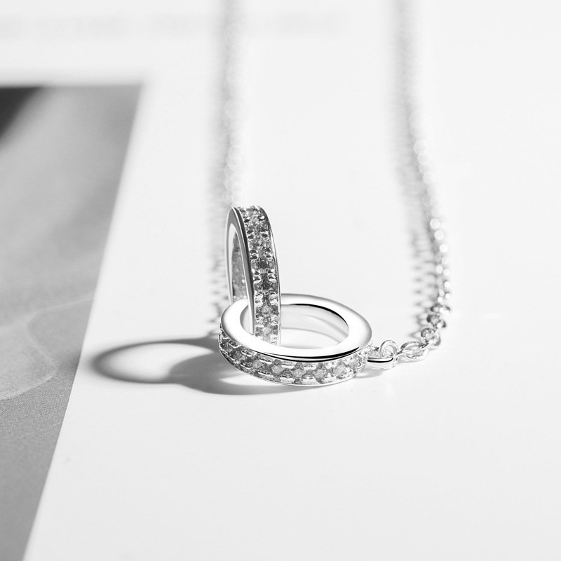 Silver Necklace Crystal Pendant Fashion Temperament Clavicle Double Ring One Necklace 925 Pure Personality Pendant