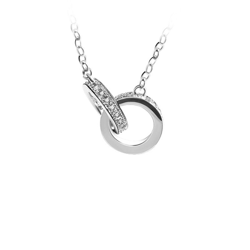 Silver Necklace Crystal Pendant Fashion Temperament Clavicle Double Ring One Necklace 925 Pure Personality Pendant